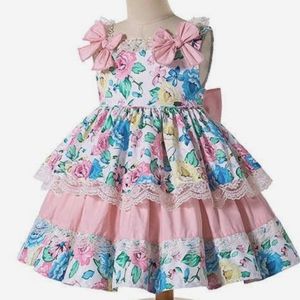 Girls Sweet Princess Flower Printed Lace Layer Dress With Bow + Headband